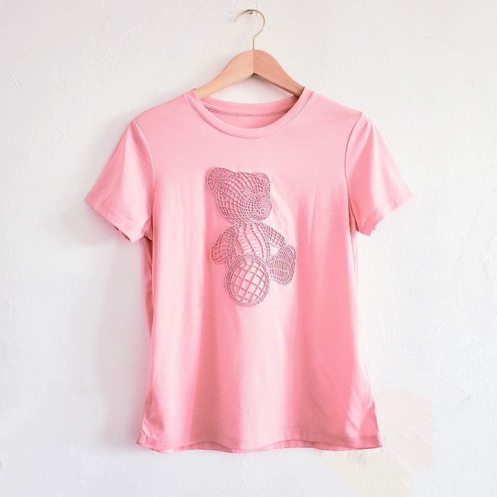 Soft Pink Embroidered Teddy Bear T Shirt Top Size Small